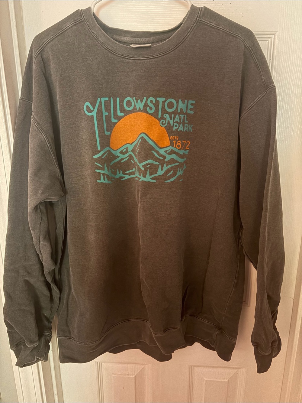 Comfort Colors Gray Crewneck with Teal Mountain and Orange Sun Graphic